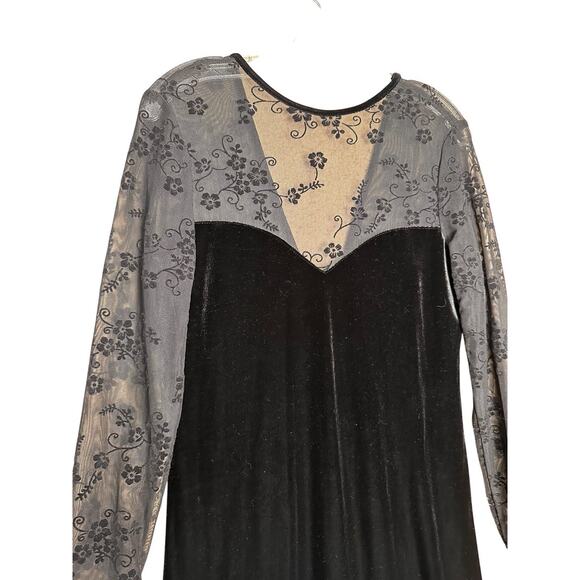 Vtg Y2K Black Velvet Maxi Dress Mesh Bodice Sleeve Whimsigoth Y2K Vampire Floral - Picture 16 of 16